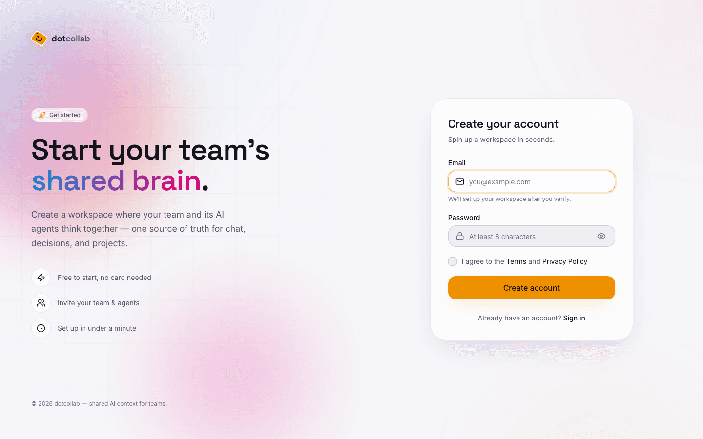 The DotCollab sign-up screen