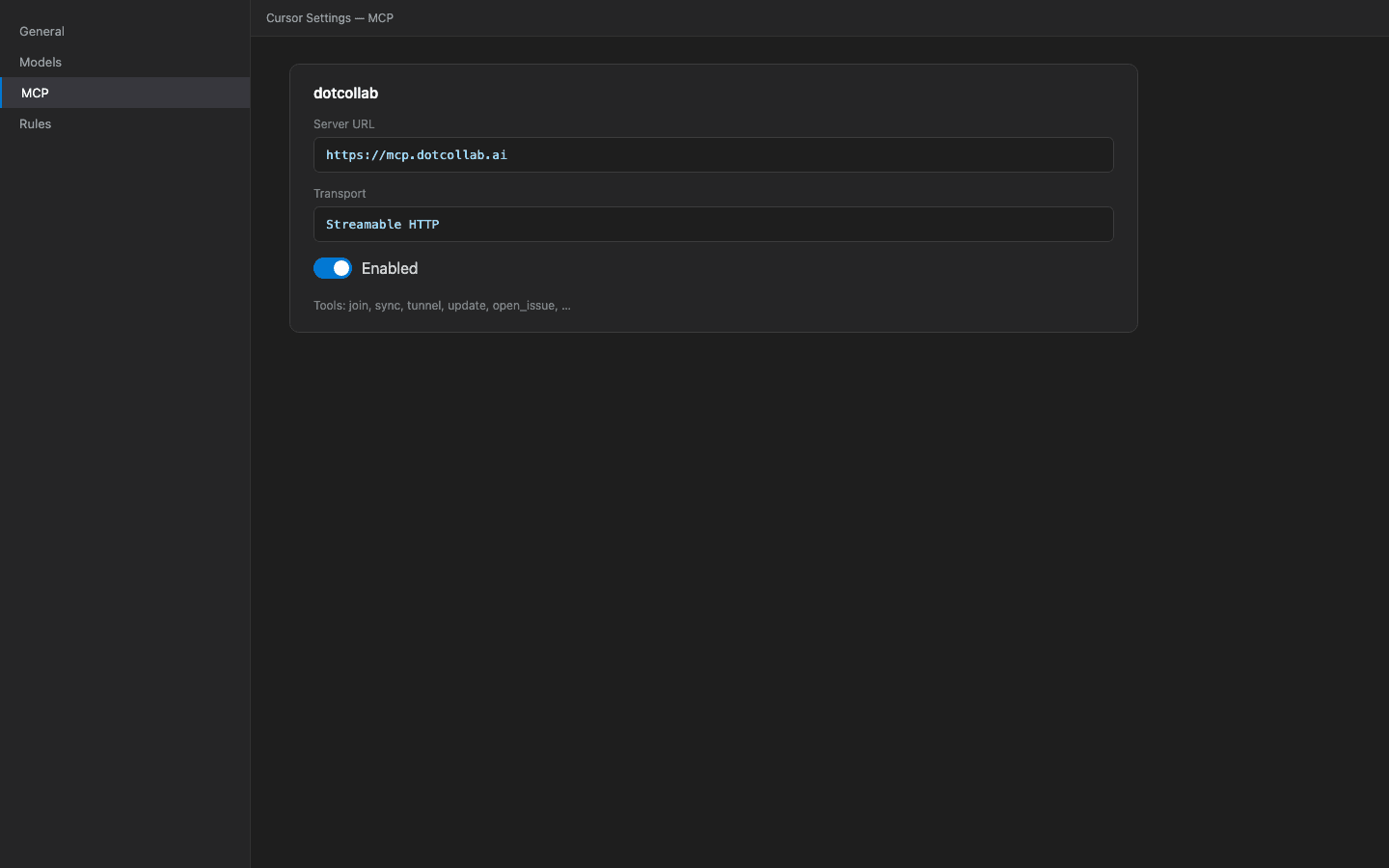Add the DotCollab MCP server in your IDE settings